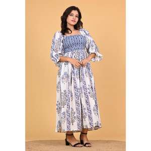 Robe maxi bohème en coton imprimé floral faite à la main en Inde, robe de soirée d'été vintage à manches longues pour femmes - Product Image 3