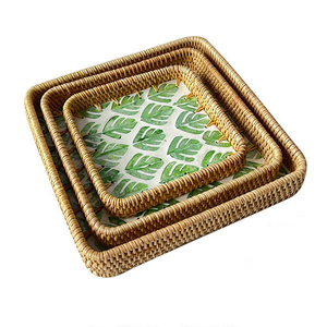 Rattan Mother Pearl <b>Storage</b> Trays Classic Design <b>Stackable</b> Set 3 Green Leaf Pattern Sustainable Dishwasher Safe for Table - Product Image 1