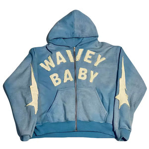 Custom Blue Vintage Baby Graphic <b>Zip</b> <b>Up</b> <b>Hoodie</b> Oversized Streetwear Fashion Blue <b>Zip</b> <b>Up</b> <b>Hoodie</b> with Sleeve - Product Image 1