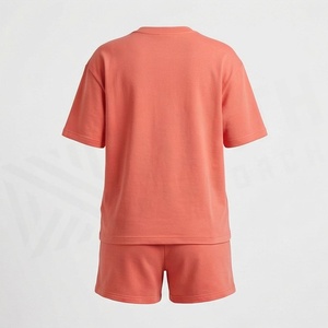 Women's 2 Piece Solid Coral <b>Knitted</b> Short Sleeve T Shirt and Above Knee Shorts <b>Set</b> Crew Neck Loose Fit Casual Spring Summer Wear - Product Image 2