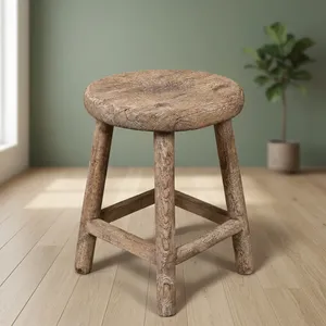 Vintage Elm Wood <b>Stool</b> Rustic Round Seat Four Splayed Legs Farmhouse Side <b>Table</b> Pale Grey Brown Antique Furniture - Product Image 4