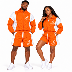 Conjunto Deportivo Unisex Naranja y Blanco con Bloques de Color, Chaqueta Deportiva con Cremallera y Pantalones Cortos, Ropa Ligera para Verano - Product Image 4