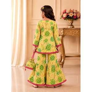 Ensemble Sharara Imprimé pour Femme - Jaune, Manches Courtes 3/4, Motif Intégral en Polyester, Tenue de Fête Ethnique Élégante et Tendance - Product Image 2