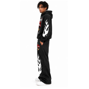 Survêtement noir de fabricant en gros, imprimé dessin animé motif flamme, manches longues, pantalon à cordon, 100% coton, streetwear, collection automne - Product Image 3