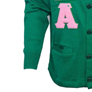 Green Cardigan Women's V-Neck Full Sleeve Embroidered Letter AK Logo Casual Knitted Sweater - Product Image 6