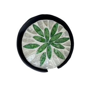 Ensemble de sous-verres ronds artisanaux en nacre avec support, motif feuille verte, sous-verres en coquille pour table basse, décoration - Product Image 4