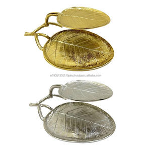 Plateau de décoration de maison de luxe en aluminium doré à 2 niveaux personnalisé avec poignée en métal Plateau de service décoratif en or personnalisé en gros - Product Image 1