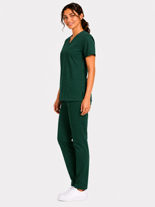 Tenues médicales respirantes personnalisables avec logo – Ensemble de blouses et pantalons à col en V, extensibles et doux, à manches courtes, pour hôpital et infirmières - Product Image 3