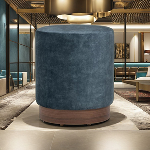 Pouf rond rembourré en tissu de style moderne du milieu du siècle, avec base en bois courbé et mousse haute densité, pour repose-pieds de salon - Product Image 1