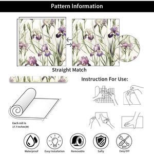 วอลเปเปอร์ลายดอกไม้สีเขียว/ม่วง ลายดอกไอริส สติ๊กเกอร์ติดผนังแบบลอกและติด วินเทจ ตกแต่งผนังลายดอกไม้ป่า สีน้ำ - Product Image 3