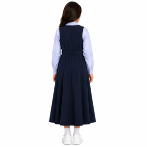 Robe d'écolière bleu marine à col en V sans manches plissée coupe trapèze avec chemise à manches longues pour enfants - Product Image 5