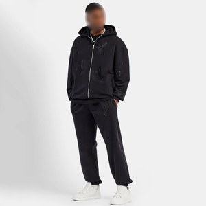 Custom Black Rhinestone Tracksuit <b>Mens</b> Full <b>Zip</b> Heavyweight Fleece <b>Hoodie</b> Sweatpants Set Wholesale <b>Mens</b> Rhinestone Tracksuit - Product Image 1