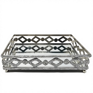 Handmade Luxury <b>Mirrored</b> Glass Vanity Tray <b>Silver</b> Crystal Beaded Metal Decorative Tray Cosmetic Organizer Jewelry Display - Product Image 5