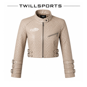 Women's Motorcycle <b>Quilted</b> PU Leather <b>Jacket</b> Solid <b>Pattern</b> Stand Collar Zipper Front Cropped Style Belt Detail Windproof - Product Image 1