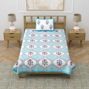 Drap de lit simple en coton Heritage, imprimé floral Mughal aqua, avec housse de coussin pour la maison et l'hôtel - Product Image 1