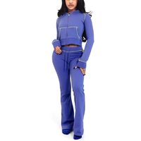 Ensemble de survêtement 2 pièces rose en maille gaufrée pour femme : sweat à capuche court zippé et pantalon évasé taille haute – Tenue décontractée et confortable