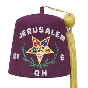 Chapeau Fez OES personnalisé marron, brodé Eastern Star, casquette fraternelle avec lettres ornées de pierres et pompon - Product Image 1