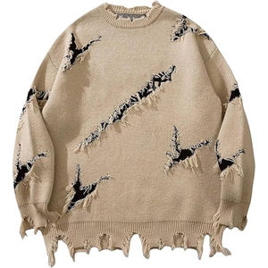 <b>Men's</b> Ripped Knitted Pullover Sweater Solid Color <b>Long</b> Sleeve Crew Neck Winter Front Logo Polyester/Cotton Slight Stretch - Product Image 3