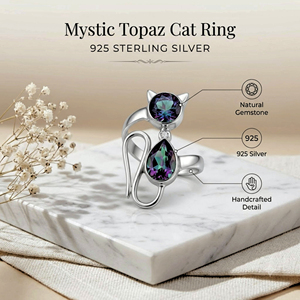 Mystic Topaz Dual Gemstone Statement Ring Handmade 925 Sterling Silver 18K Gold Plated Women's Bohemian Style Cat Design - Product Image 2