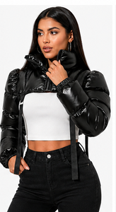 Women's Extra <b>Cropped</b> <b>Puffer</b> <b>Jacket</b> High Neck Zip Up Bubble Coat with Adjustable Straps Lightweight Fashion Outerwear - Product Image 3