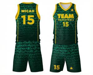 Tenues de basketball personnalisées sublimées vert foncé pour hommes, respirantes, grandes tailles, ensemble maillot et short à séchage rapide avec bordure jaune - Product Image 1