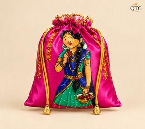 Bolsa de Seda Potli con Cordón, Bolsa de Regalo Étnica, Bolsa de Transporte con Borde de Encaje Dorado, Multifuncional, 7 Pulgadas, Hecha en India - Product Image 1