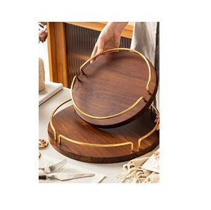 Round Acacia Wooden Serving <b>Trays</b> with Gold Metal Handles Set of 2 Nesting Decorative Platters for Coffee <b>Table</b> - Product Image 1
