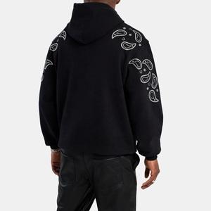 Sudadera con Capucha Negra Extra Grande para Hombre con Bordado Paisley Blanco, Estilo Urbano, Corte Regular, Tejido de Algodón, Ropa de Otoño - Product Image 2