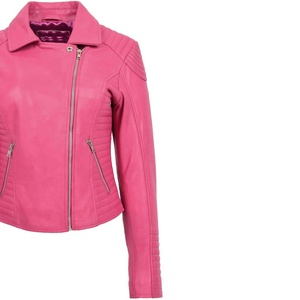 Blouson de motard en cuir véritable pour femme, rose matelassé, avec fermeture éclair asymétrique, style universitaire, OEM - Product Image 3