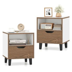 Set di 2 Comodini Unici a 3 Livelli con Venature del Legno e Bianco Crema, Tavolino da Camera con Design a Blocchi di Colore e Cassetto con Ripiano Aperto - Product Image 1