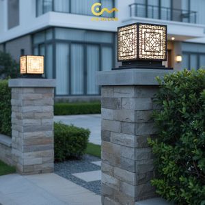 Decorative Geometric Pier Mount Light, 12-inch Rust-proof Black Steel Outdoor Pillar <b>Lantern</b>, Warm 220V Villa Gate <b>Lamp</b> - Product Image 6