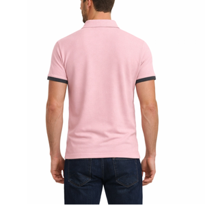 Polo décontracté pour homme rose et gris foncé à manches courtes, coupe ajustée, avec bordure contrastante grise aux poignets, très demandé - Product Image 4