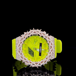 Montre numérique néon jaune hip-hop premium et éclatante avec lunette en argent cloutée de pierres et pierres scintillantes pour un style moderne et audacieux - Product Image 1