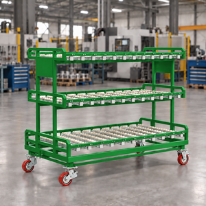 3-Tier Green Steel Roller <b>Trolley</b> with Four Braked Casters for Industrial Warehouse - Product Image 4