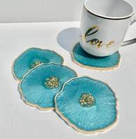 Ensemble de sous-verres en résine - Sous-verres en résine turquoise géode avec accents dorés, idéal pour les cadeaux de déménagement, les enseignants, les mariages, les agents immobiliers.