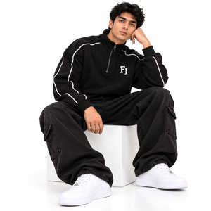 Men's Half Zip Pullover Sweatshirt Black Stand Collar Long Sleeve <b>Raglan</b> <b>Top</b> White Piping Relaxed Fit Streetwear Custom Logo USA - Product Image 4