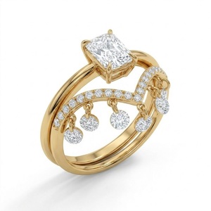 Custom Jewelry 14K Solid <b>Gold</b> Radiant-Cut Lab Grown Diamond Engagement <b>Ring</b> <b>Set</b> with Dangle Droplet Chevron Fringe Stacking <b>Ring</b> - Product Image 3