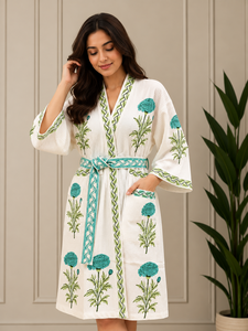 Peignoir Kimono en Coton Imprimé à la Main Motif Floral Marigold Col en V pour Femme et Homme, Robe de Spa, Vêtement Décontracté, Tenue de Salon d'Hôtel, Vente en Gros - Product Image 1