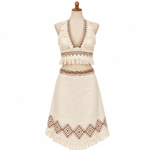 Embroidered Halter Two Piece Set <b>Fringe</b> <b>Crop</b> <b>Top</b> Wrap Skirt Ethnic Tribal Print Beach Resort Holiday Vacation Summer Outfit set - Product Image 1