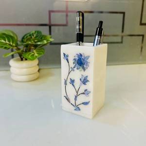 Porte-stylo carré en marbre avec incrustation florale bleue, organiseur de bureau, pièce artisanale - Product Image 1