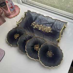 Elegant Black Smoke Resin Serving Tray and <b>Coasters</b> Set with Gold Flakes Luxury Geode <b>Agate</b> Style Platter and Handle Set - Product Image 1