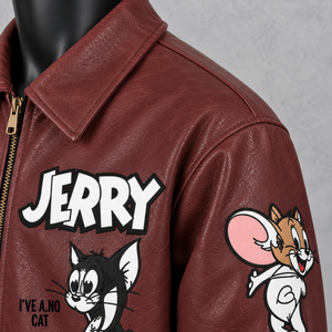 <b>Tom</b> and Jerry <b>Men's</b> PU Leather Bomber Jacket Zipper Front Character Print Casual Outerwear Autumn Streetwear - Product Image 6