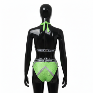 Conjunto de bikini premium de poliéster y spandex de 180 GSM, tela de malla verde neón, banda elástica con logo, conjunto de bikini con marca personalizada para mujer - Product Image 5