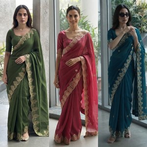 Sari de chifón satinado suave para mujer con borde de encaje bordado y blusa de seda de diseñador |   Sari Étnico para Fiestas - Product Image 2