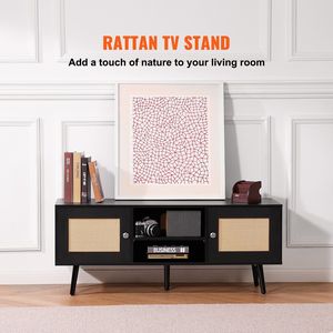 Boho 55 pollici TV Stand metà secolo moderno Rattan mobile TV con ripiano regolabile per soggiorno sala multimediale-nero - Product Image 2