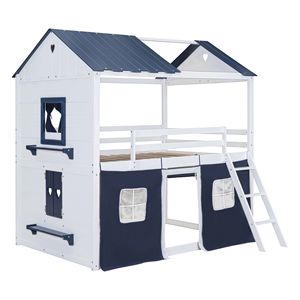 Elegante Letto a Castello in Legno Blu e Bianco con Finestre e Tenda per Bambini - Product Image 6