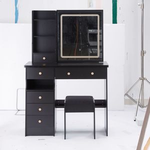 Tavolo da Trucco con Cassetto Sinistro da 37 Pollici, Sgabello Imbottito, Ampio Piano Scorrevole con Controllo Touch a Tre Colori - Product Image 5