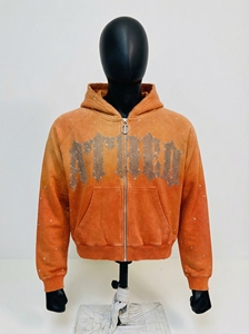 Orange Pigment Wash <b>Studded</b> Zip Hoodie Gothic Crystal Logo, O Ring Zipper Pull, Vintage Washed Streetwear, OEM/ODM - Product Image 3