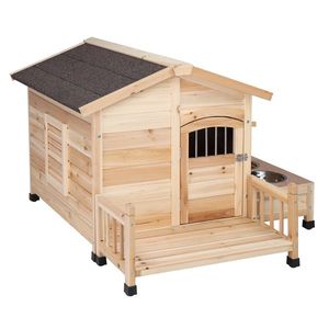 HOBBYZOO Wooden <b>Dog</b> <b>House</b> <b>Outdoor</b> Pet Shelter with Cabin Style Waterproof Asphalt Roof Porch Feeding Bowl Storage Box Nat - Product Image 4