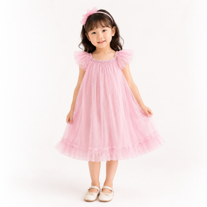 Girls Pink Tulle Princess Dress | Elegant Flutter Sleeve Party Dress - Product Image 3